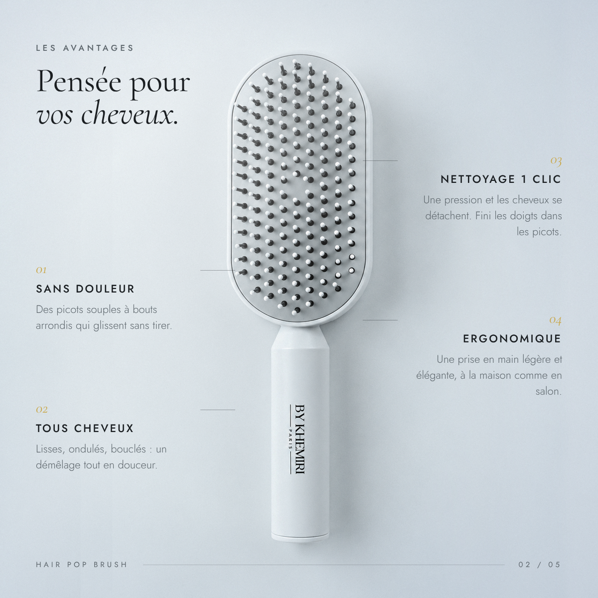Hair Pop Brush – Brosse à bouton poussoir anti-cheveux By Khemiri